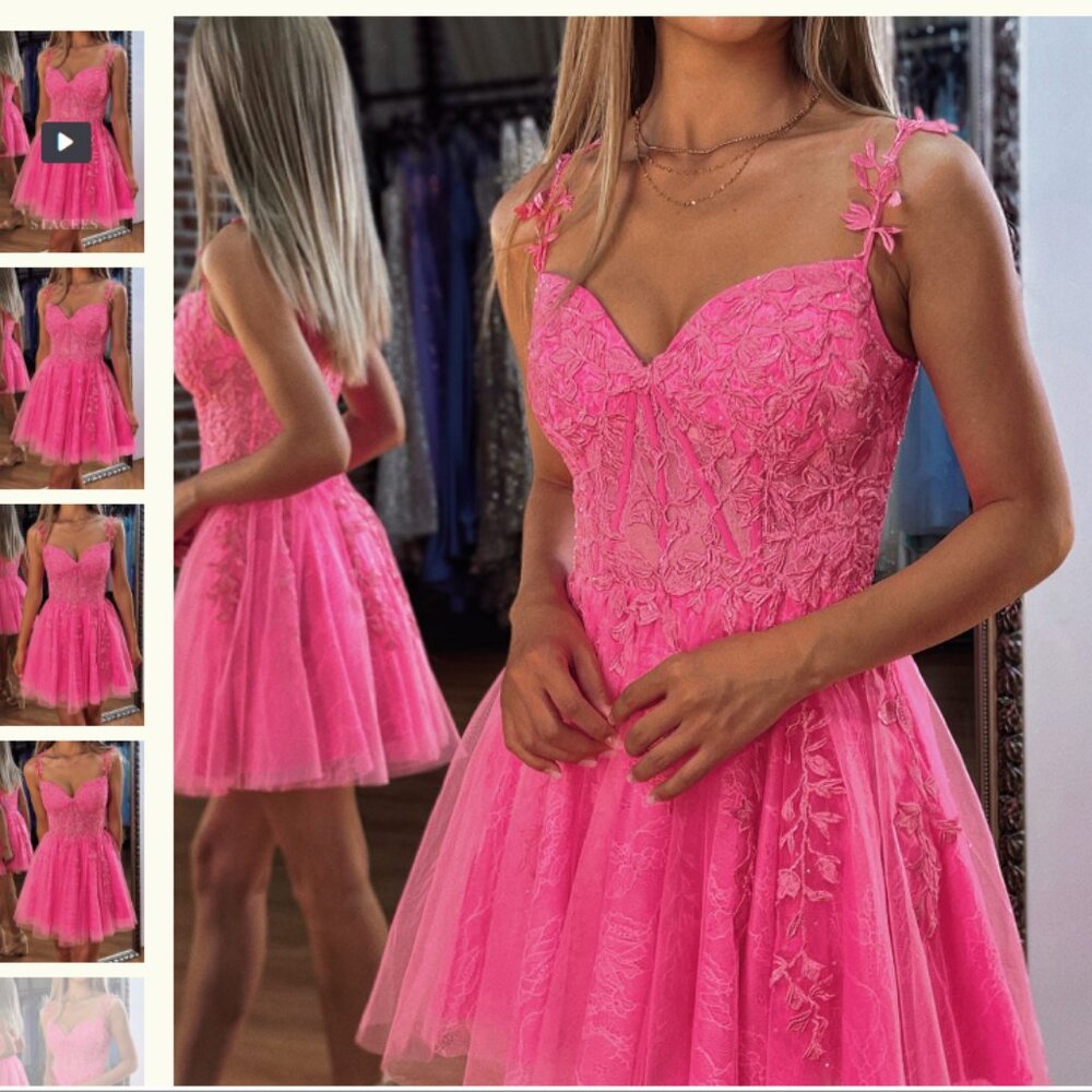 STACEES A-line V Neck Short/Mini Lace Fuchsia Dress with Beading - Size 14